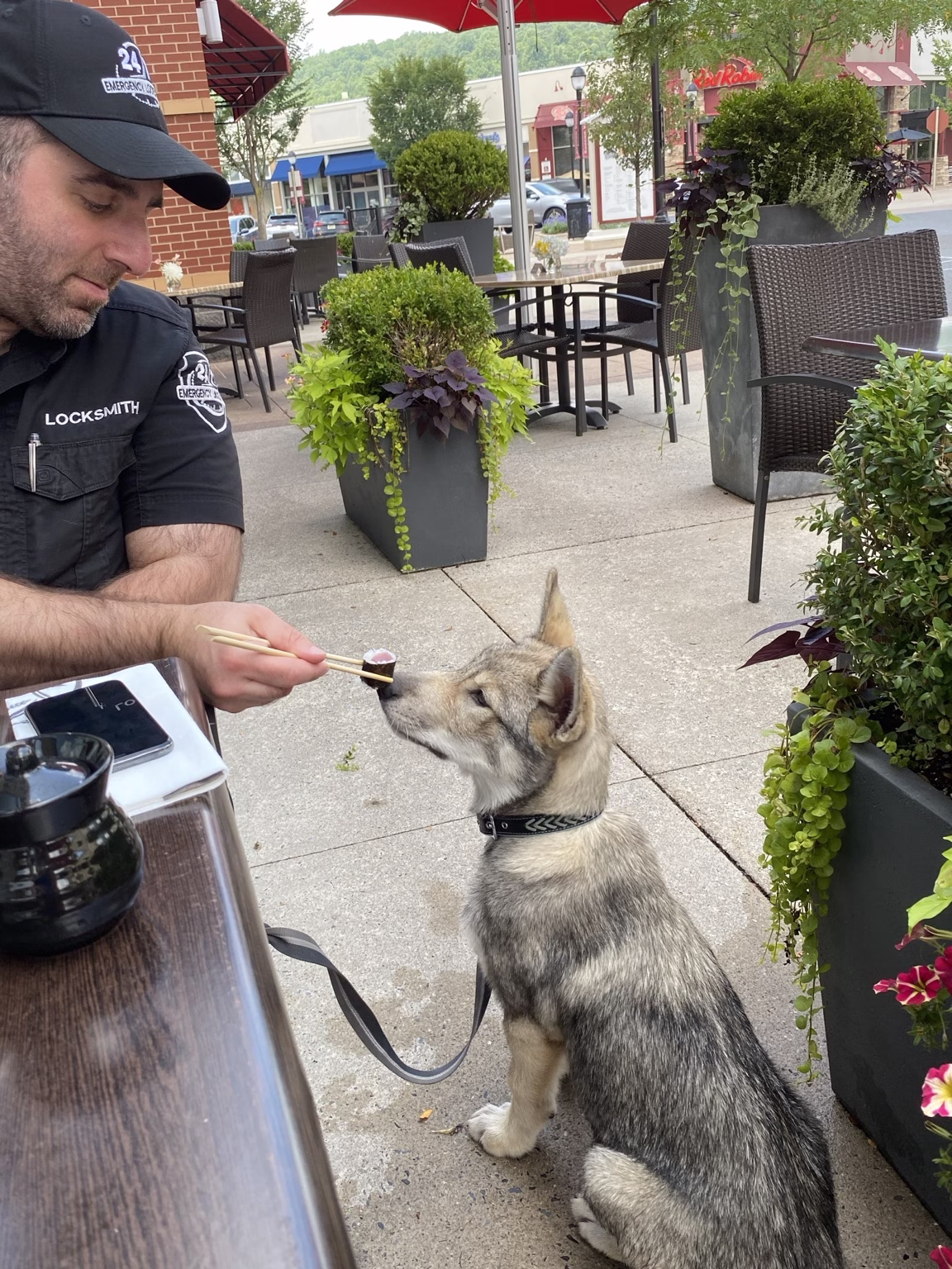 Locksmith sharing a bite with a dog at the Promenade Shops at Saucon Valley in Center Valley