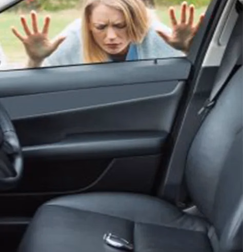 a woman looks at her keys locked in her car. Car door unlocking