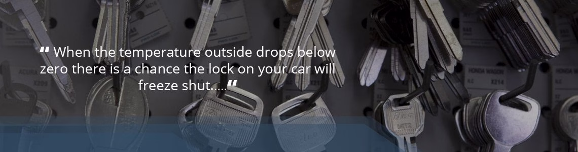 Car keys hanging in a row, banner about car locks freezing in winter