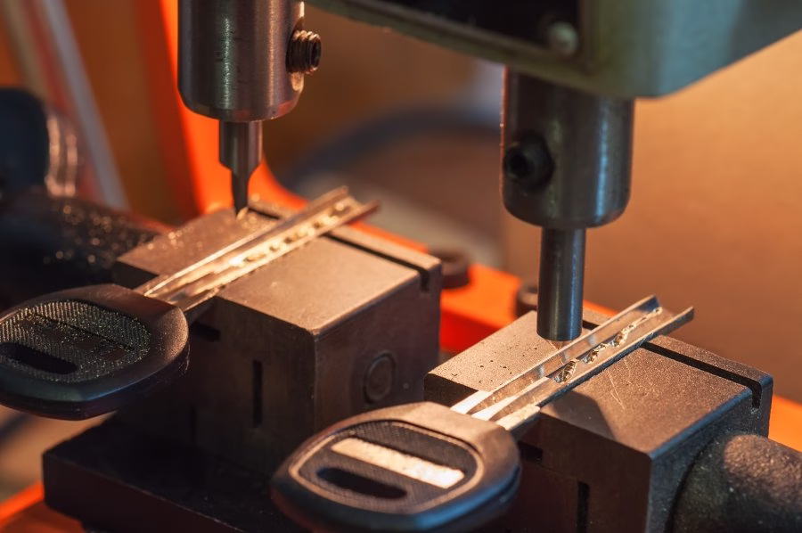 Key cutting machine duplicating a car key