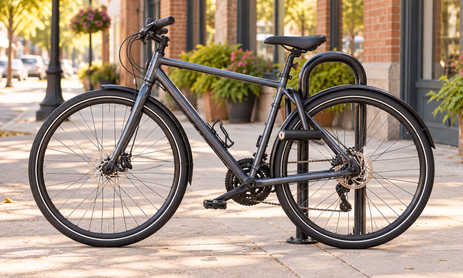 Bicycle locked to a sidewalk rack with a U-lock through the rear wheel and frame
