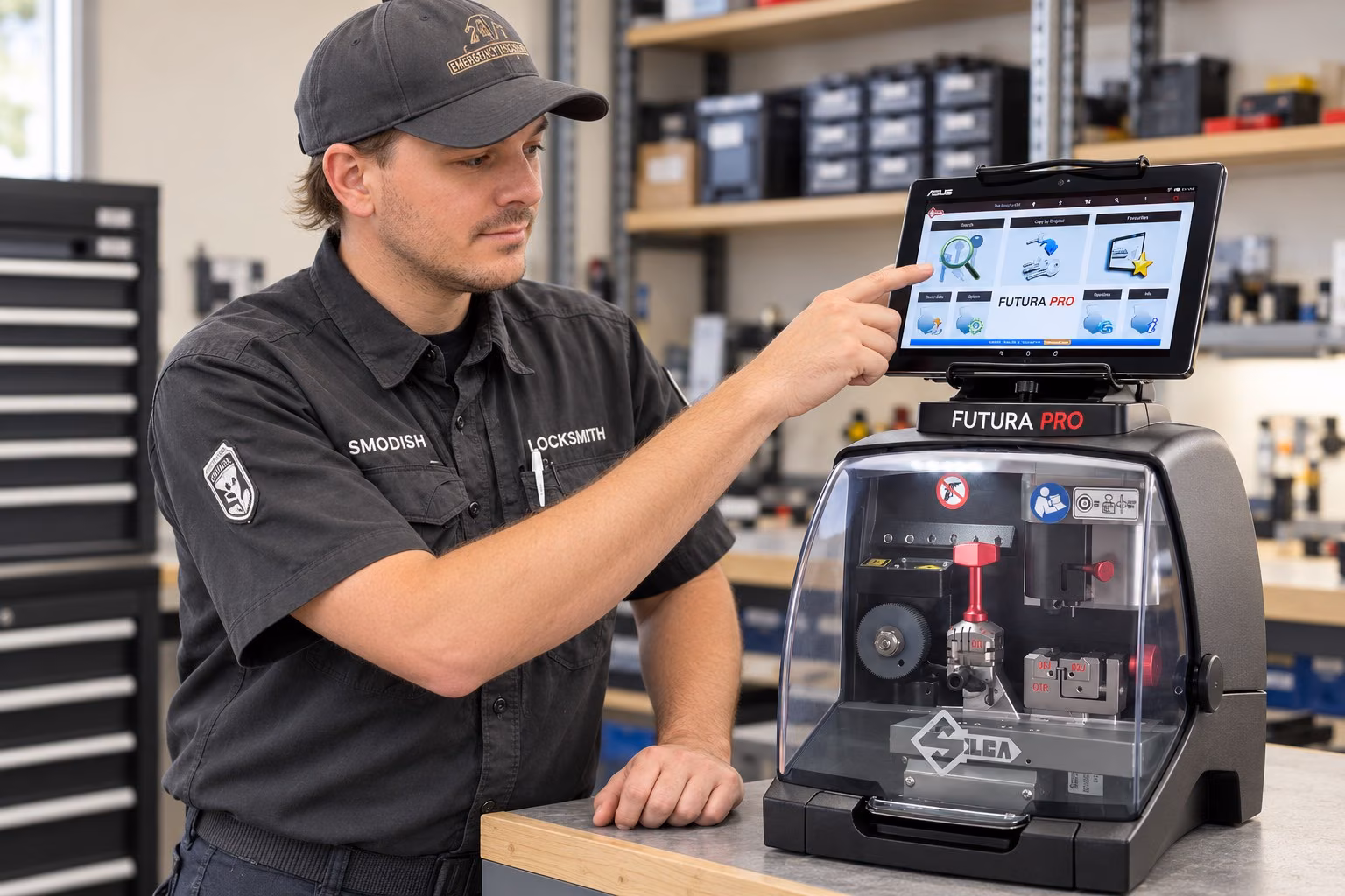 Locksmith at the counter selecting a key blank on a Silca Futura Pro key cutting machine