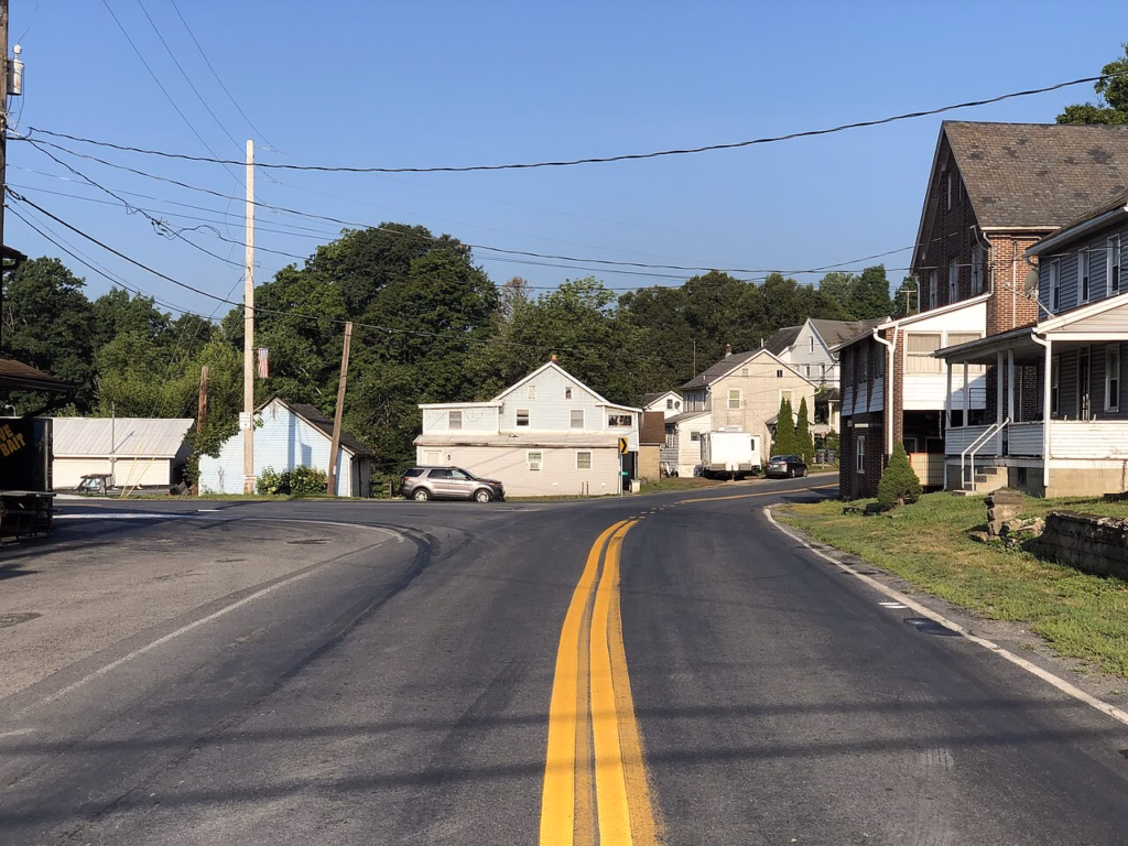 View west along Kunkletown Road just east of Chestnut Ridge Drive in Eldred Township, Monroe County, Pennsylvania